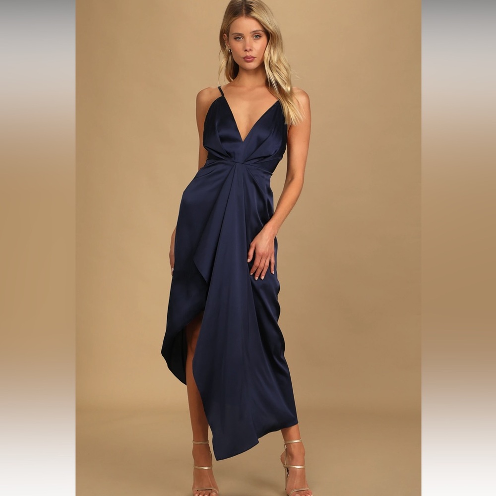 Caught Feelings Navy Blue Satin Ruffled Midi Dress